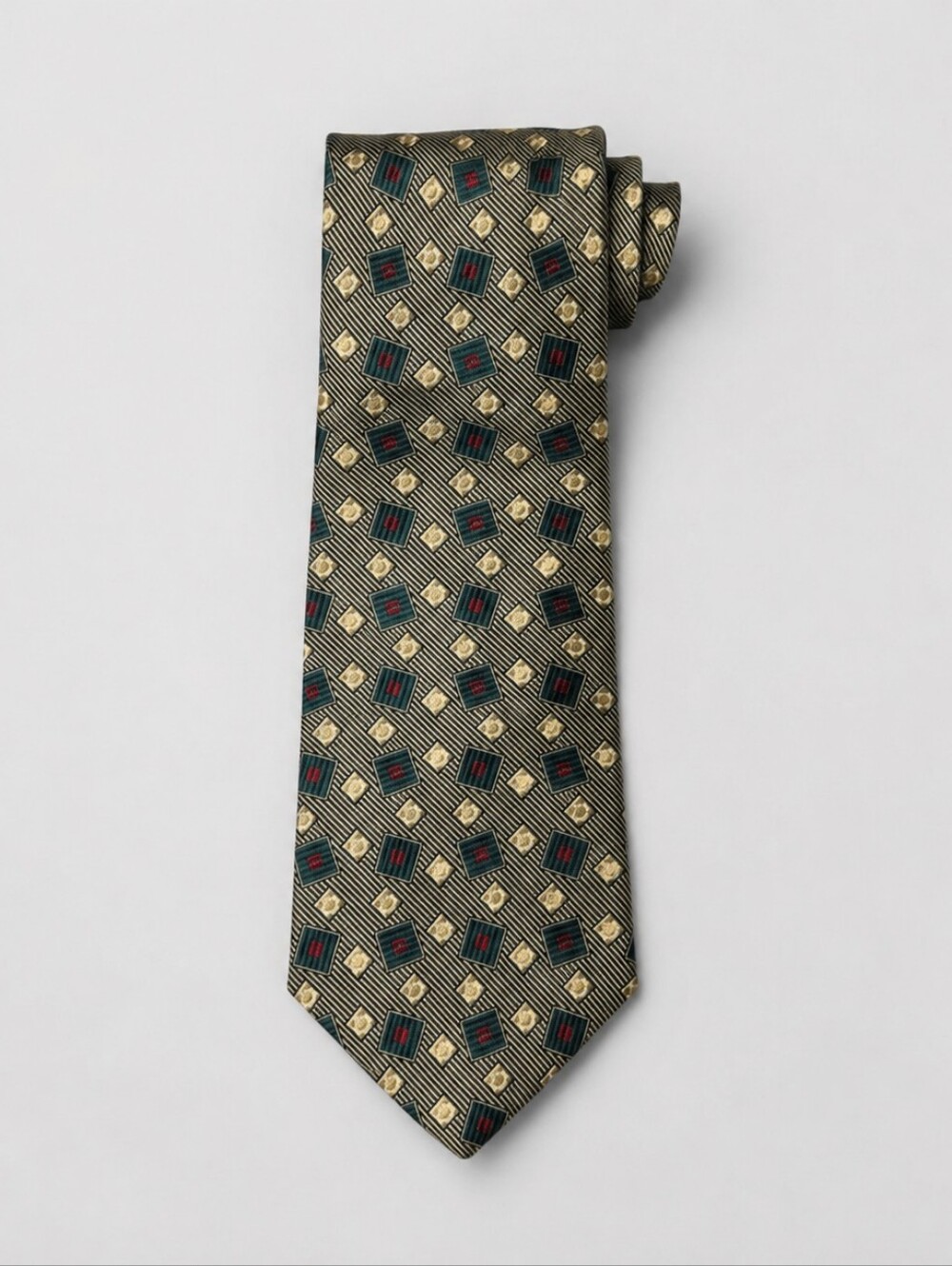 Polo Ralph Lauren Mens Tie Handmade USA 100% Silk Vintage Charcoal Green Cream